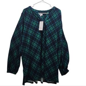 Kim Rogers Navy & Emerald Green Plaid Hacci Knit Tunic V-Neck Plus Size 2X NEW